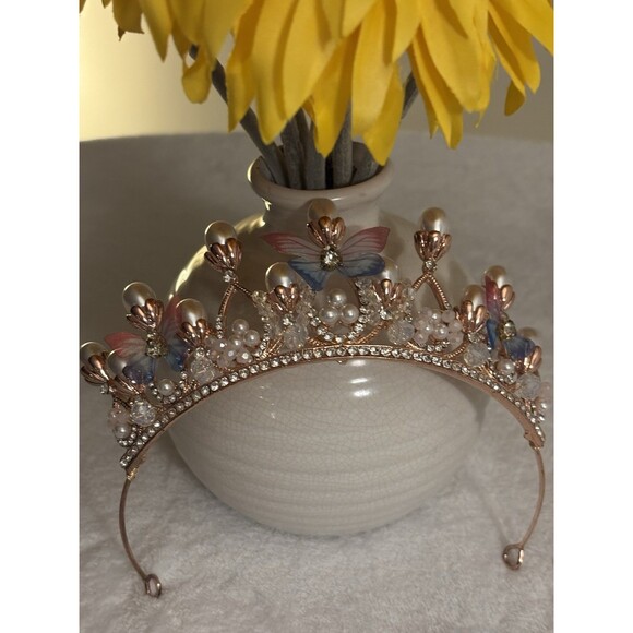Girl’s Tiara Butterfly Princess Crown Gold Pearl Headband Rhinestone Hairpiece - Picture 2 of 8